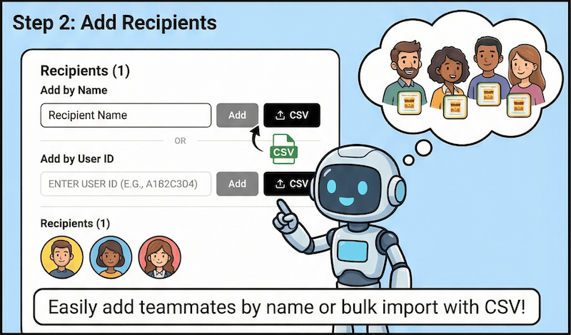Recipient list with manual entry and CSV import options